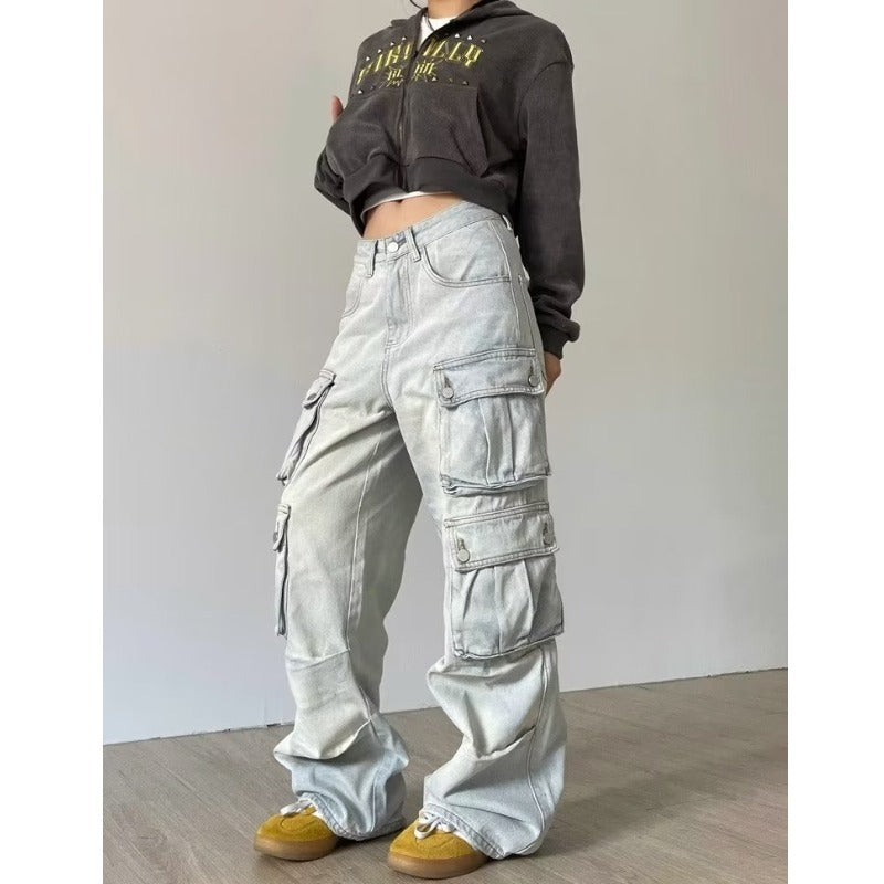 Stone Grey Multi-Pocket Cargo Pants – Utility Meets Streetwear Retro Workwear With Pocket Jeans For Women