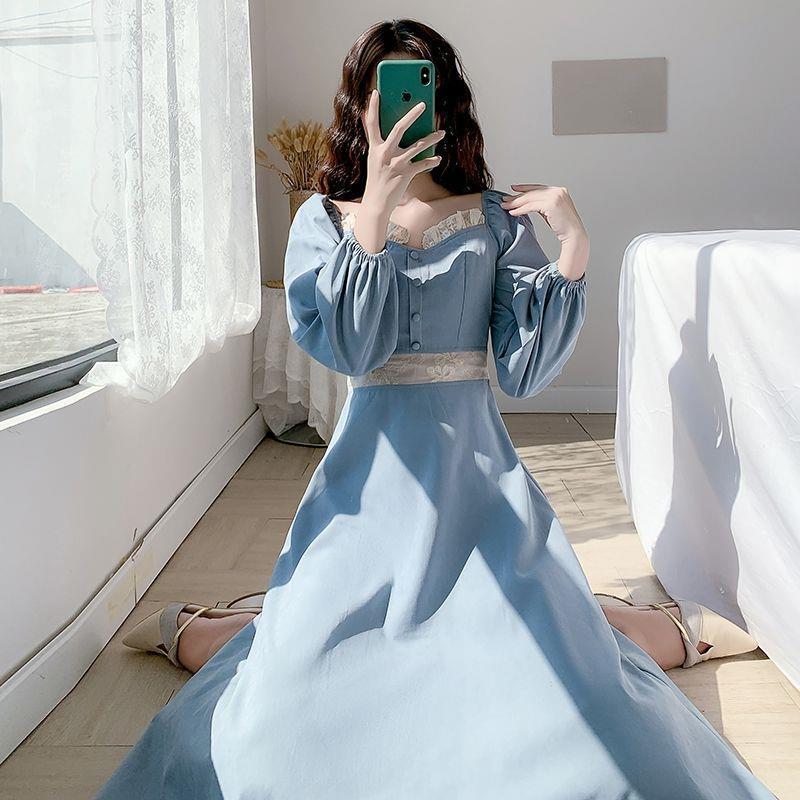 Elegant Vintage Style Long Sleeve Midi Dress French Retro Square Collar Dress