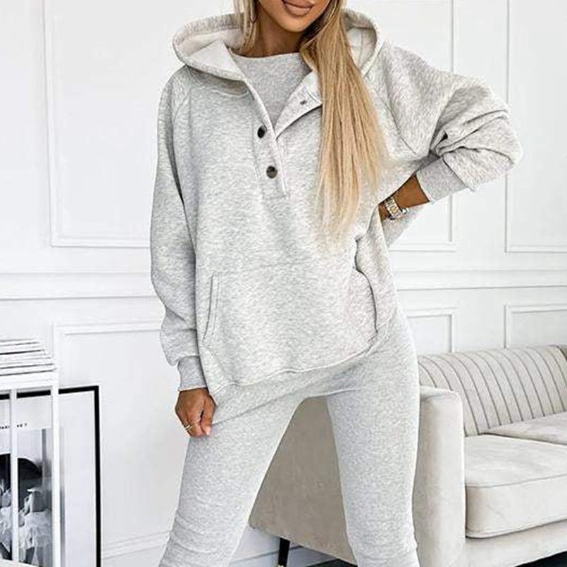 3-Piece Lounge Set – Cozy, Chic & Effortlessly Stylish For Women's Sports Suit Loose Hooded Pockets Sweatshirt And Vest And Slim Trousers