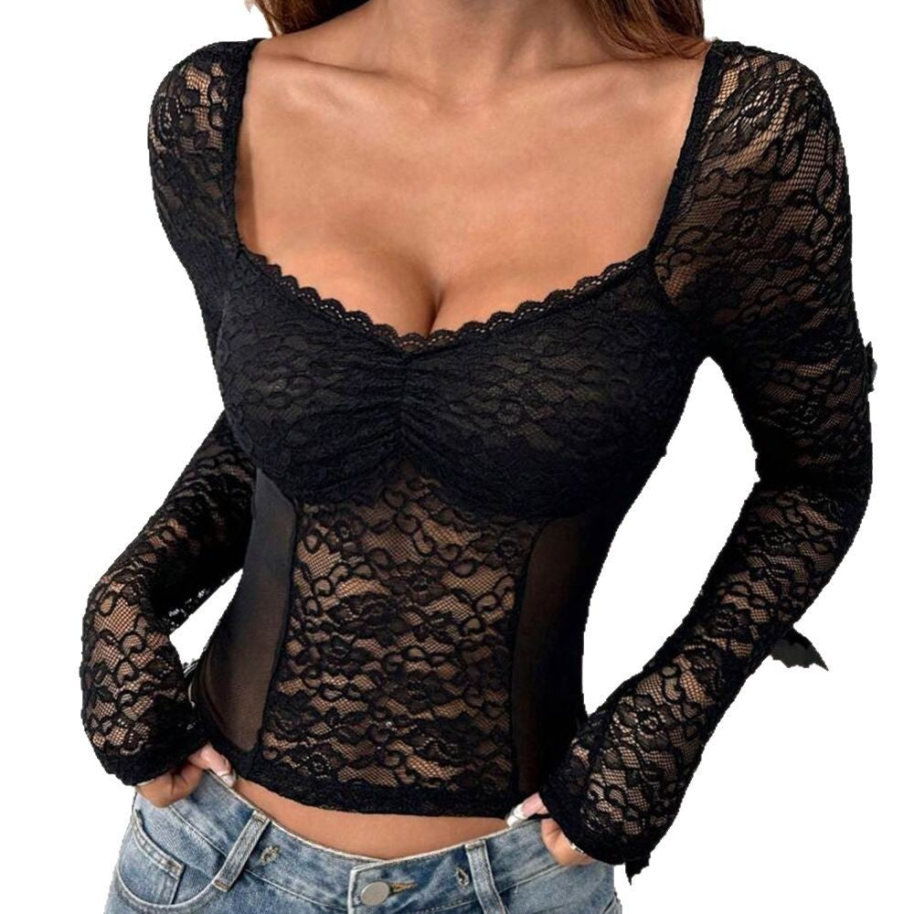 European And American Women's V-neck Long Sleeves Cropped Lace Short Top