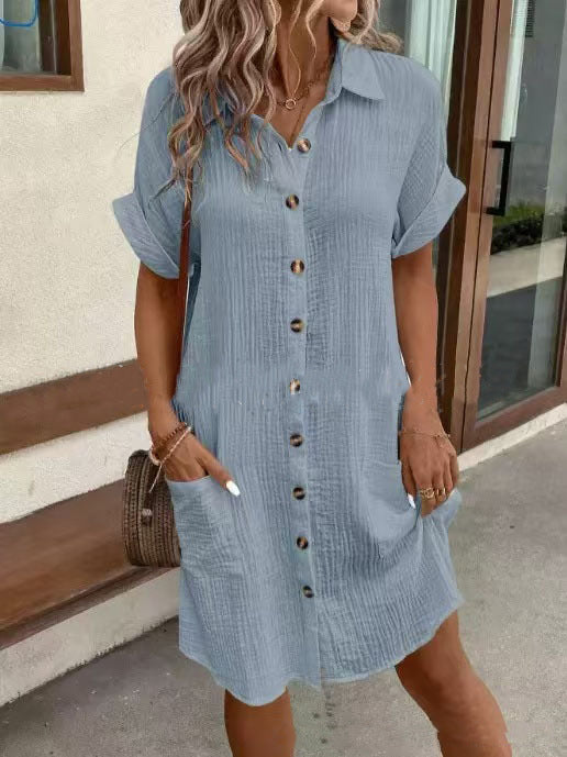 Summer Short Sleeve Shirt Dress Fashion Solid Color Single-breasted Mid-length Loose Dress For Women's