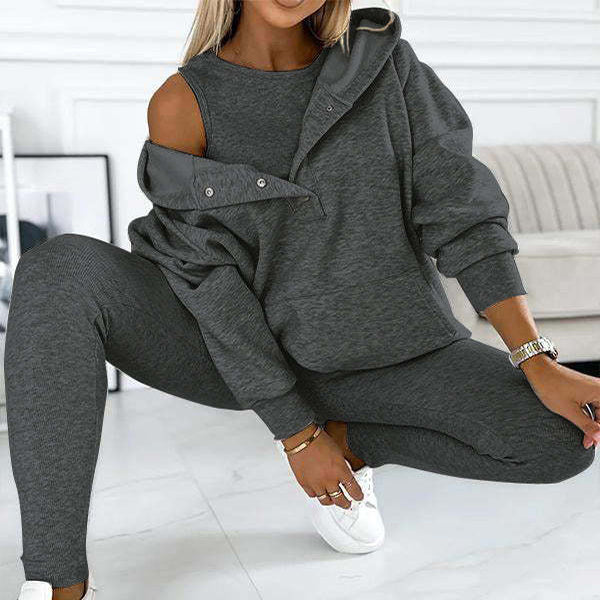 3-Piece Lounge Set – Cozy, Chic & Effortlessly Stylish For Women's Sports Suit Loose Hooded Pockets Sweatshirt And Vest And Slim Trousers