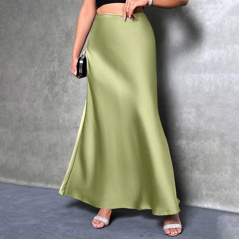 Elegant Satin High Waist Flared Midi Skirt Cocktail Party Wedding Long Skirt