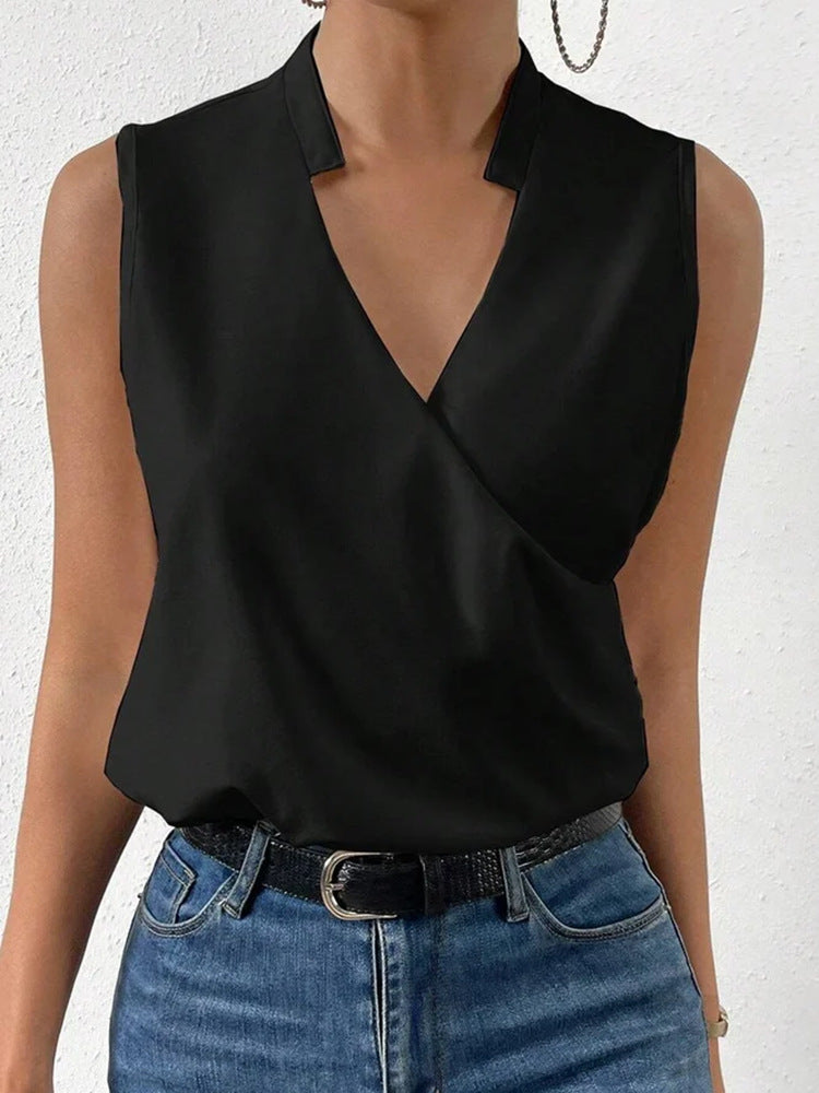 Black V-Neck Sleeveless Blouse Women's Fashion Casual Top Vest