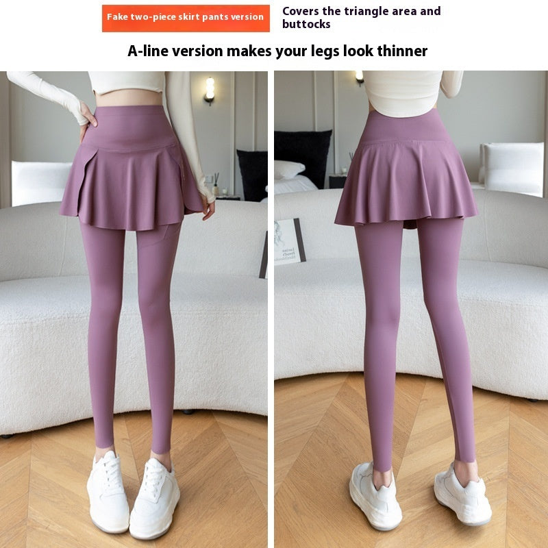 Flexi Skirt 2-in-1 Yoga Leggings – Sporty Chic with Pockets & Flair Spring New Fake Two-piece Outer Wear Sports Yoga Pants Women