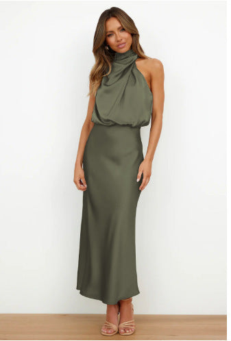 Solid Color High-grade Satin Elegant Dress For Women's