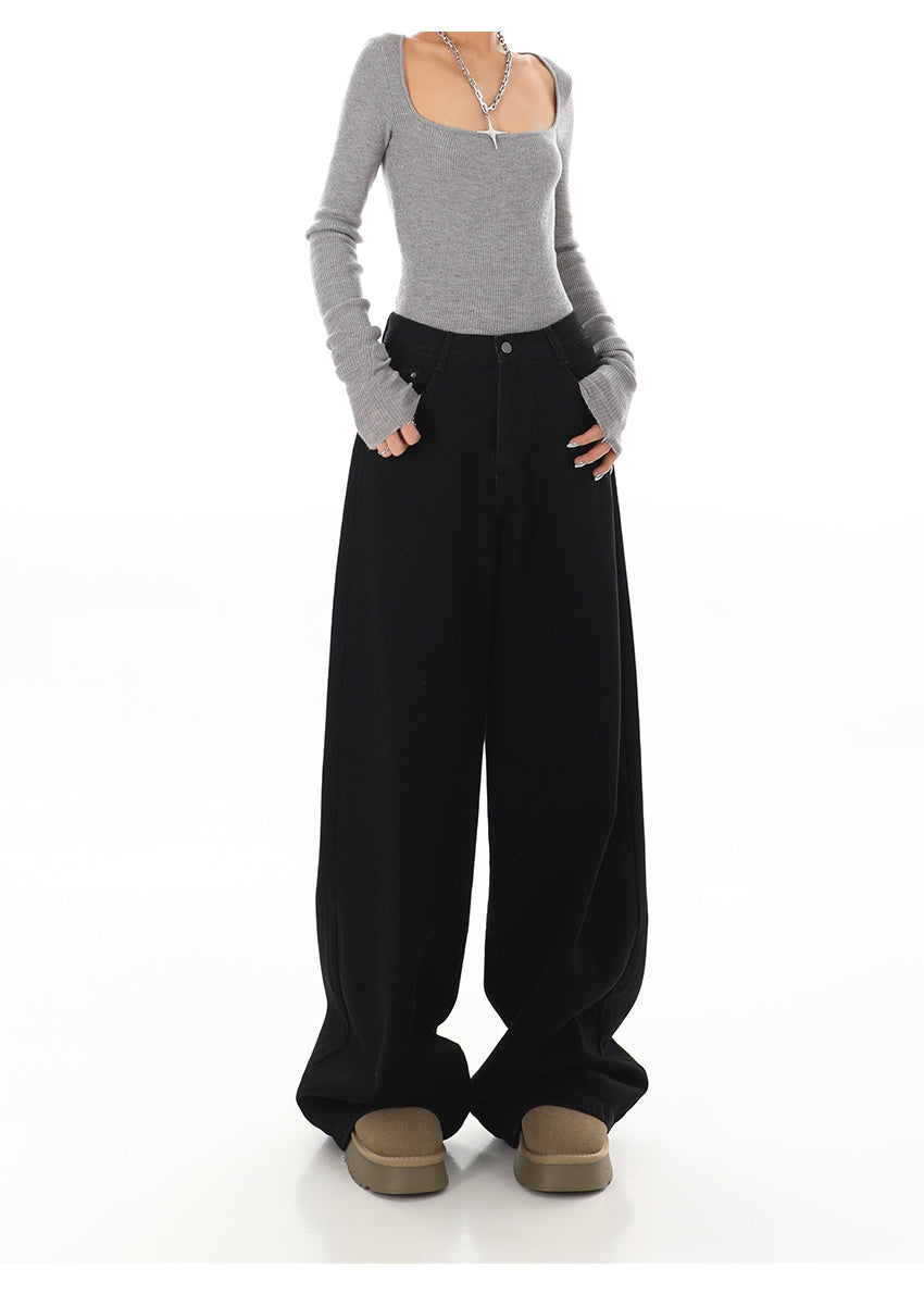 Essential Black Wide-Leg Pants – Minimal Streetwear Staple Summer Black Straight Casual Jeans For Women