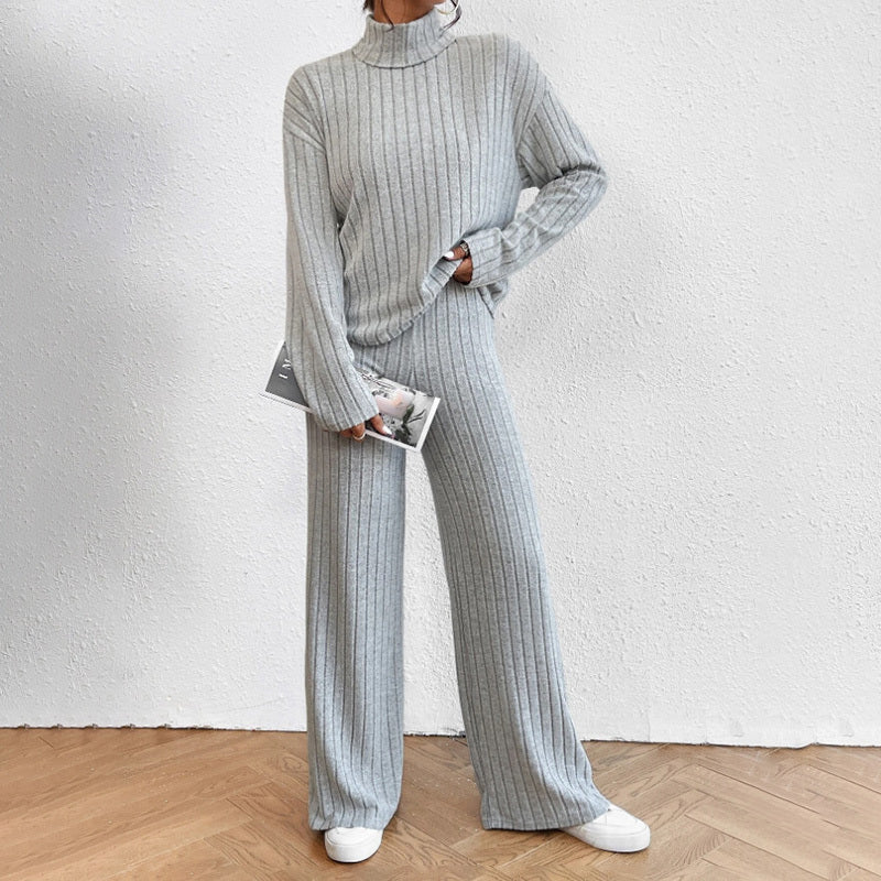 Solid Color 2-Piece Set High Neck Long Sleeve Top & Pants, Striped Loungewear