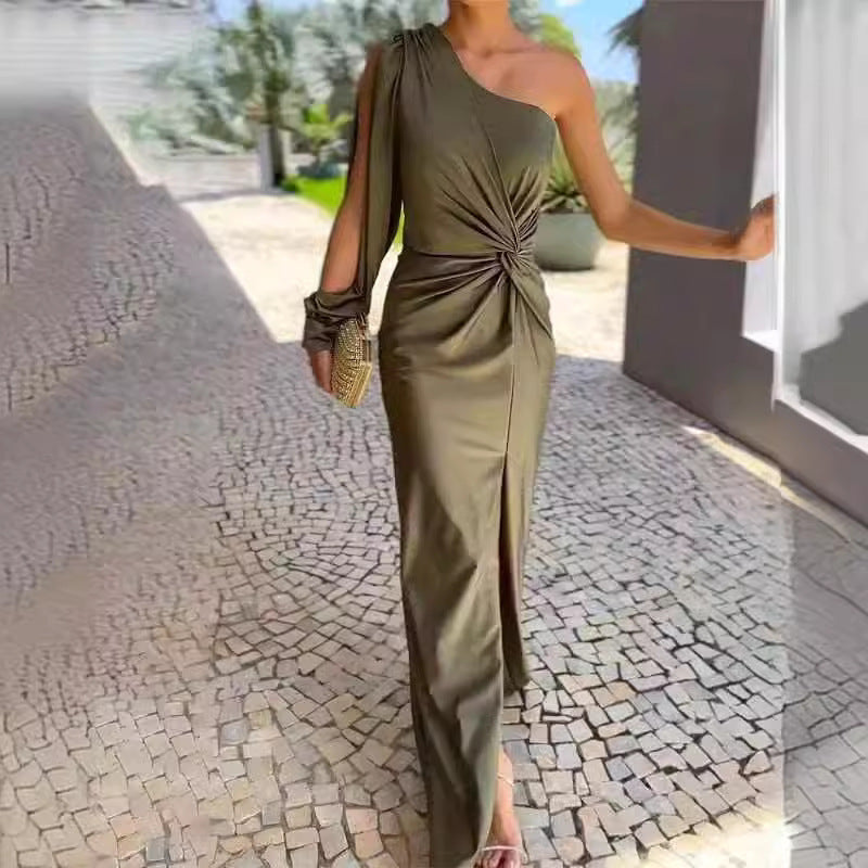 Diagonal Shoulder Knot Split Solid Color Slim Fit Dress