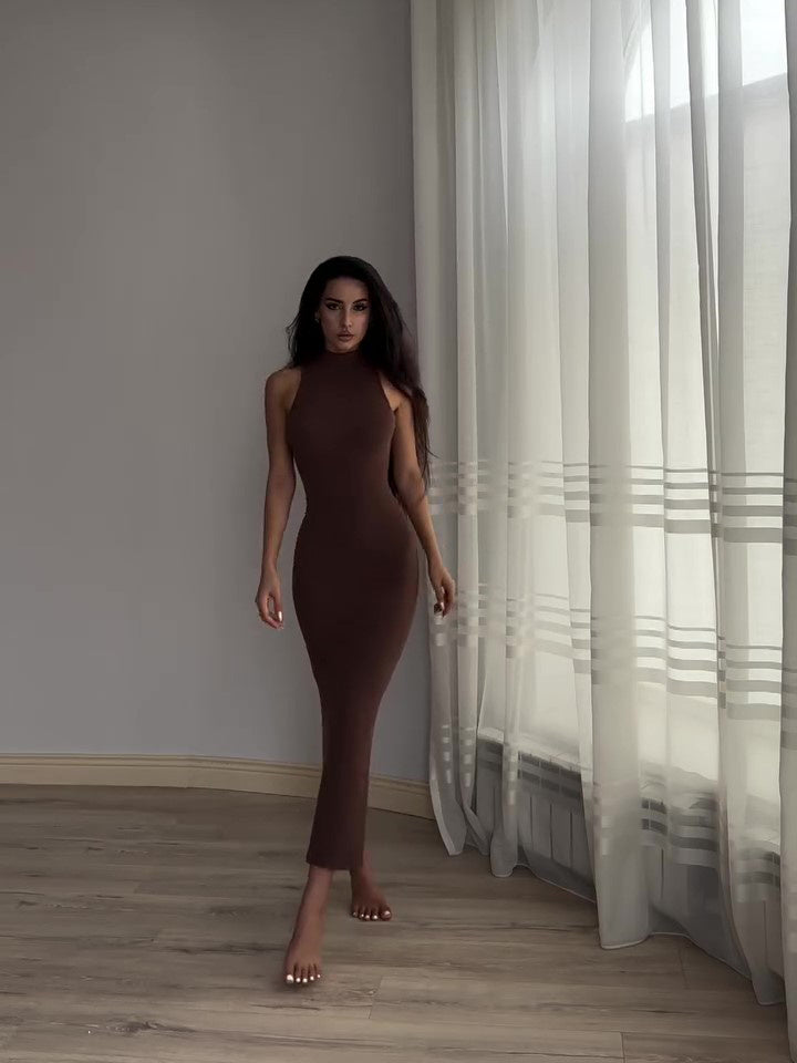 Brown Mock Neck Sleeveless Bodycon Maxi Dress Solid Color Dress