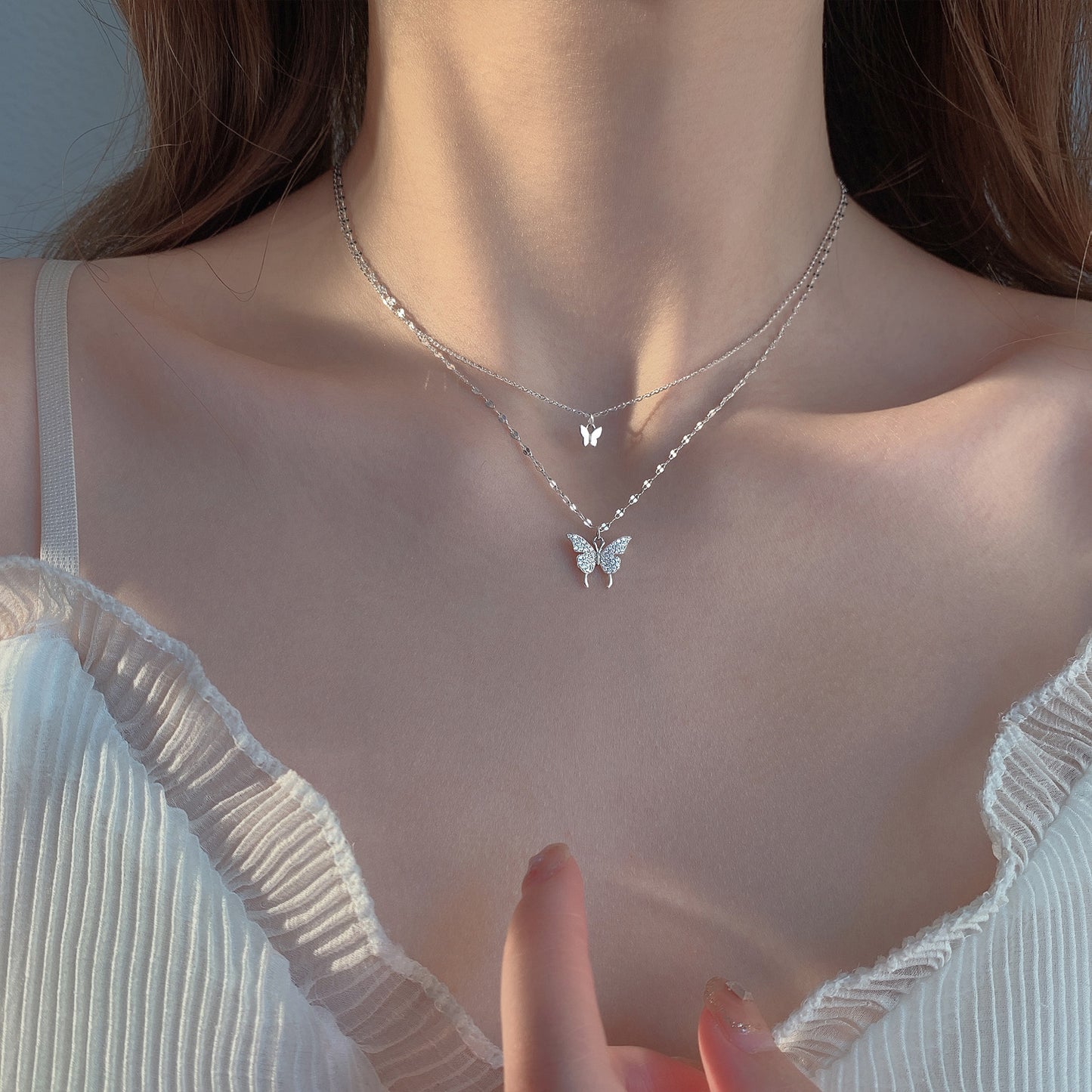Sparkling Crystal Butterfly Double Chain Necklace Fashion Jewelry Double Butterfly Necklace Gold Plated Butterfly Pendant Engagement Necklaces For Women Animal Jewelry Anniversary Gift