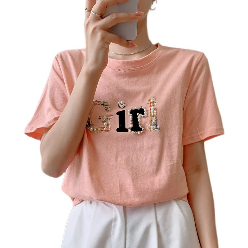 Aesthetic "Girl" Design Short Sleeve Top | Versatile Everyday Tee Printed T-shirt Korean Style Versatile Half Sleeve Top