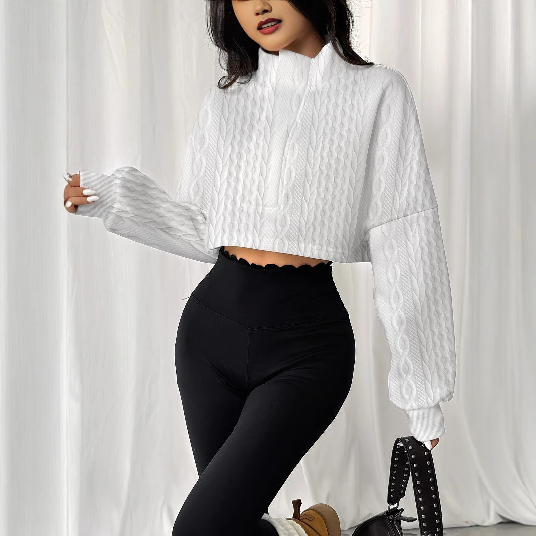 Solid Color Stand Up Collar Front Button Long Sleeved Textured Short Hoodie