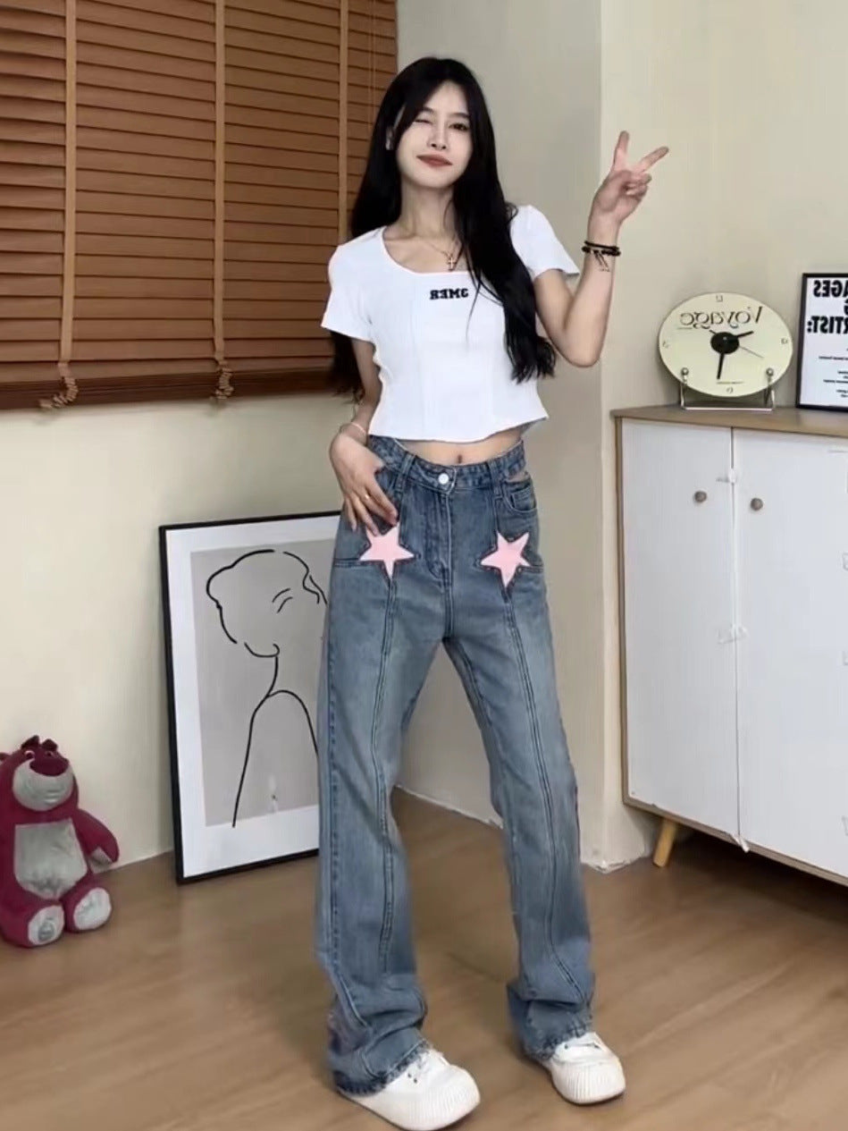 Pink Star Patch Straight-Leg Jeans – Retro Street Style with a Pop Twist Design Sense XINGX Printed High Waist Hollow-out Jeans For Women