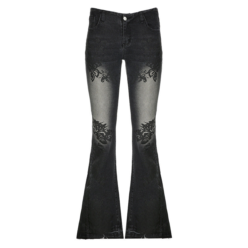 High Waist Flared Jeans – Vintage Wash with Embroidered Detail Printed Worn Jeans Slimming Washed Women