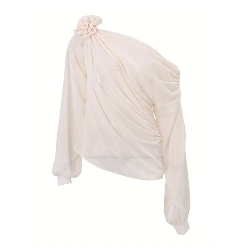 Off Shoulder Tops Elegant Long Sleeve Asymmetrical Neck Ruched Chiffon Blouse Shirts Going Out Top Y2k Shirts