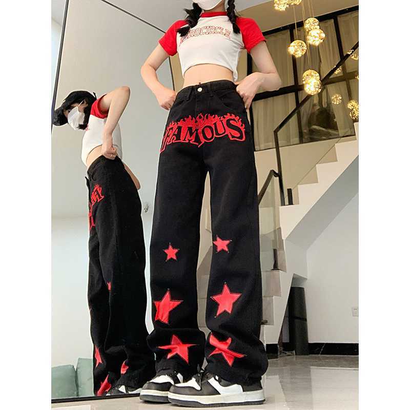 Y2K Famous Star Print Baggy Pants – Black Wide Leg Streetwear Jeans Red Star Letters Jeans For Women High Waist Casual Trousers