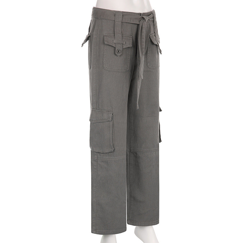 Tactical Chic – Where Street Meets Utility Vintage Multi Pocket Belt Casual Workwear Jeans Women