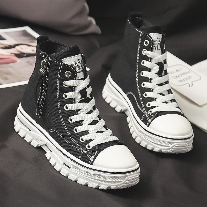 Trendy Platform High-Top Sneakers | Side Zip & Lace-Up Fashion Shoes Spring New High-top Canvas Korean Black Martin Boots