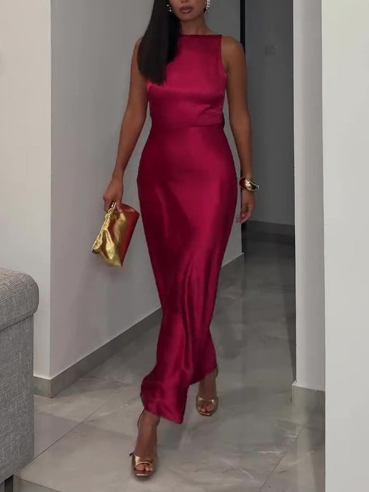 Burgundy Backless Satin Sleeveless Dress