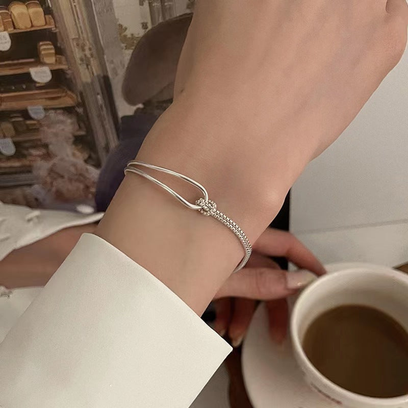 Elegant Silver Knot Design Adjustable Bracelet Simple High-grade Knotted Double-layer Half Bracelet For Women