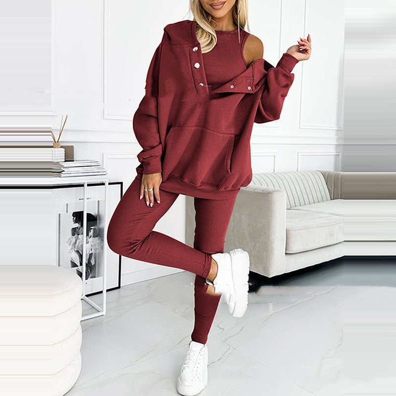 3-Piece Lounge Set – Cozy, Chic & Effortlessly Stylish For Women's Sports Suit Loose Hooded Pockets Sweatshirt And Vest And Slim Trousers