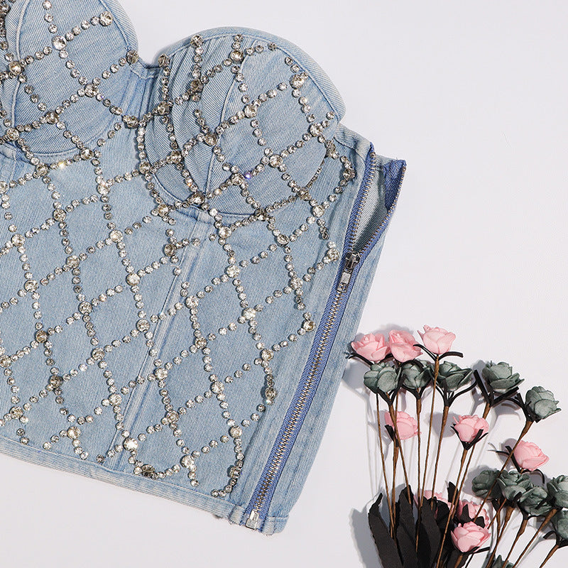 Trendy Rhinestone Denim Crop Top - Y2K Fashion Slim Performance Clothes Korean Style Zipper Top Women