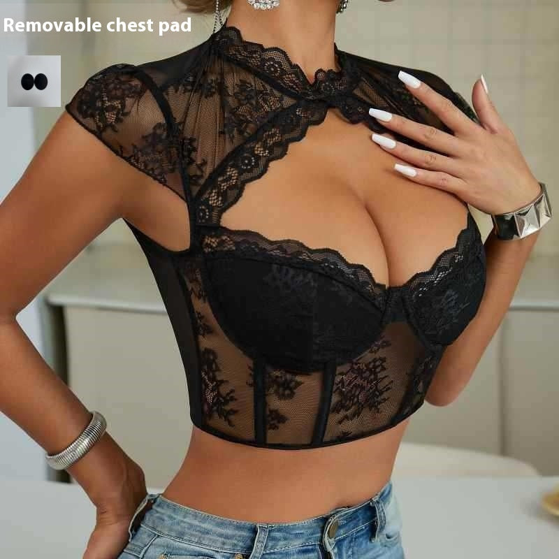 Black Lace Mesh Crop Top European And American Style Lace Diamond Sexy Cutout Steel Ring Fishbone Slim Fit Crop-top Short Top