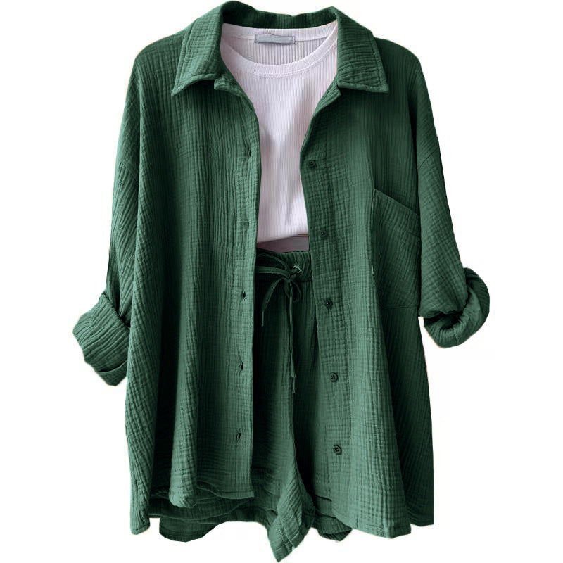 Wrinkled Fabric Lapel Long Sleeved Shirt Shorts Fashion Casual Set