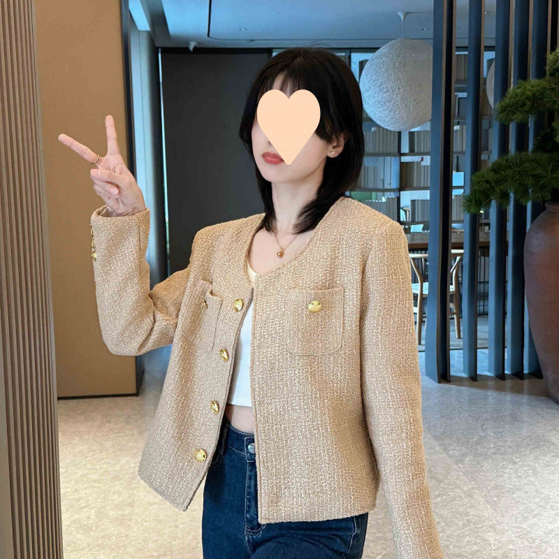 Stylish Beige Button-Up Crop Jacket Korean Style Casual Niche Anti-aging Top