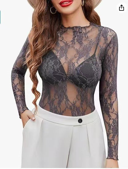 Mesh Top Long Sleeve Transparent Crop Top For Women's