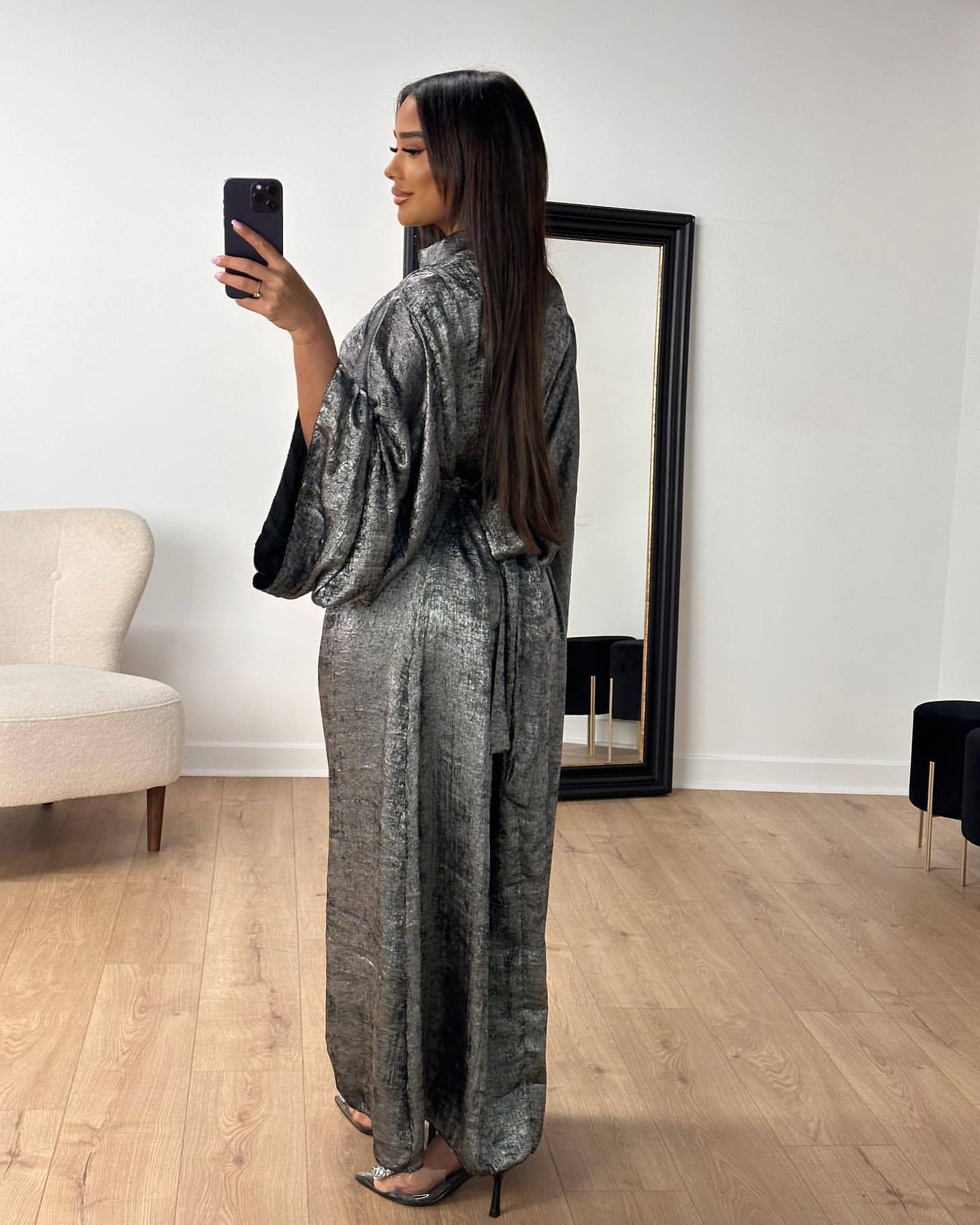 Elegant Metallic Shimmer Satin Maxi Dress Women's Fashion Stitching Dubai Turkey Elegant Dress