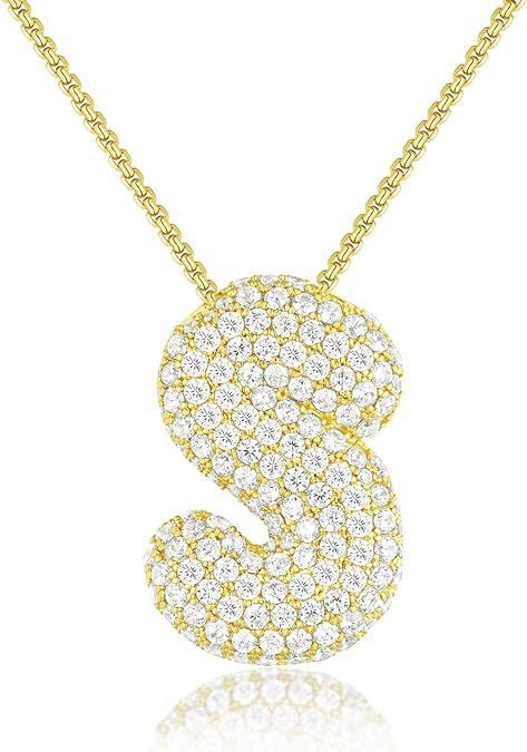 Custom Initial Necklace | Sparkle Alphabet Pendant Brass Zircon Balloon English Letter Necklace