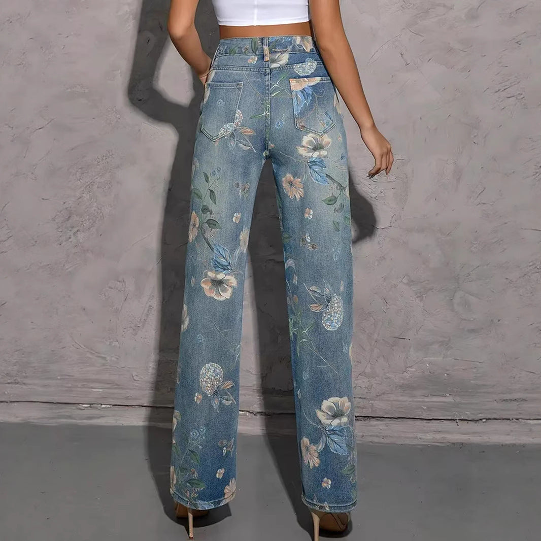 American Ladies Printed Pattern Casual Straight-leg Denim Trousers