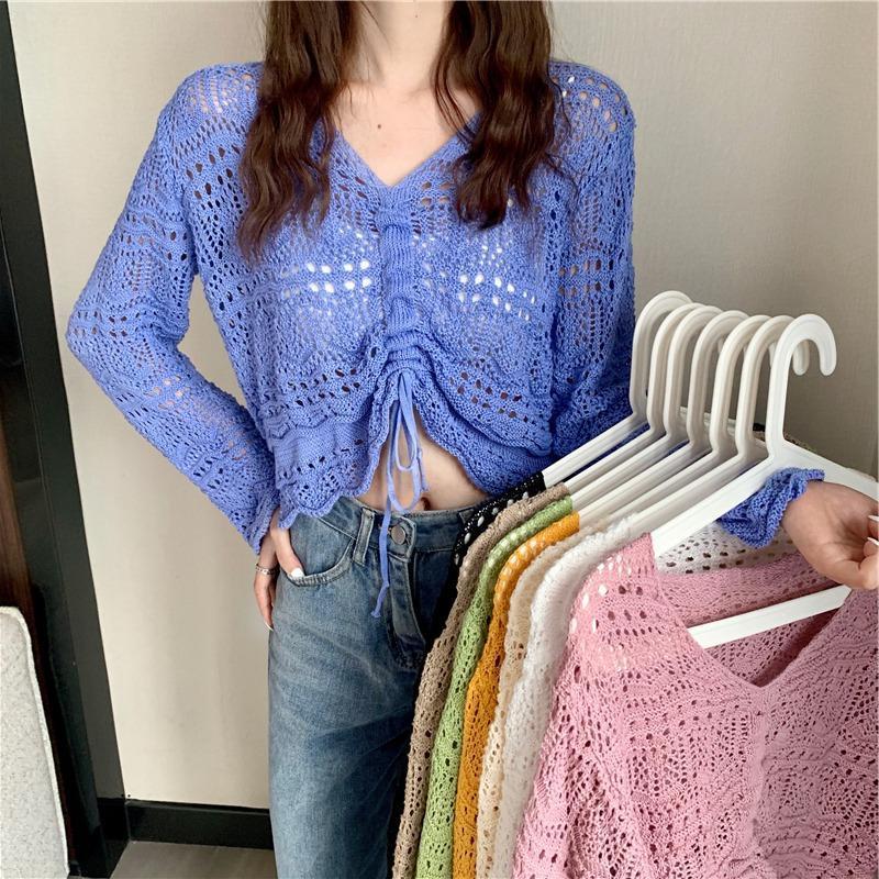 Trendy Open-Knit Tie-Front Cardigan | Sheer Crochet Style Jumper Top New Korean Style Loose V Neck Drawstring Crop Top