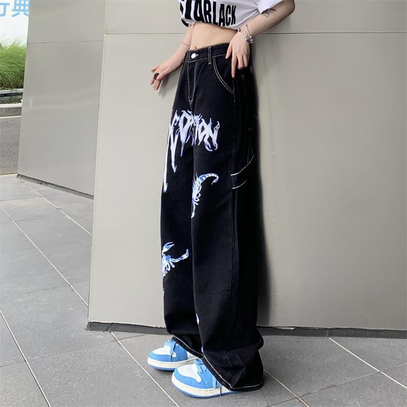 Scorpion Flame Graphic Jeans – Black Baggy Streetwear Pants Street Print High Waist Jeans For Men And Women