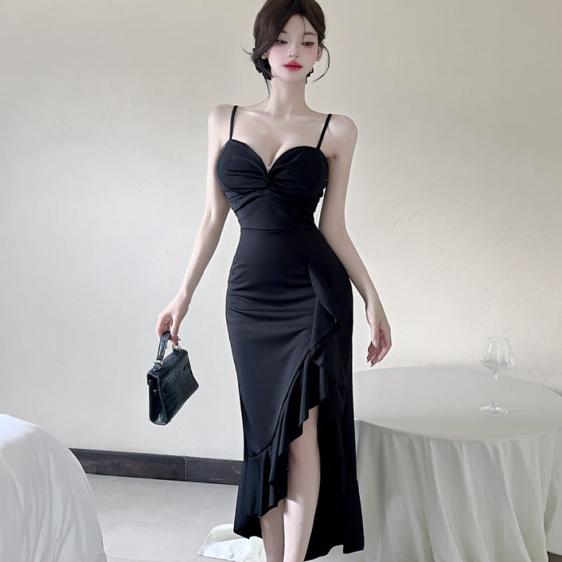Sexy Long Spaghetti-strap Ruffle Bottoming Skinny Dress