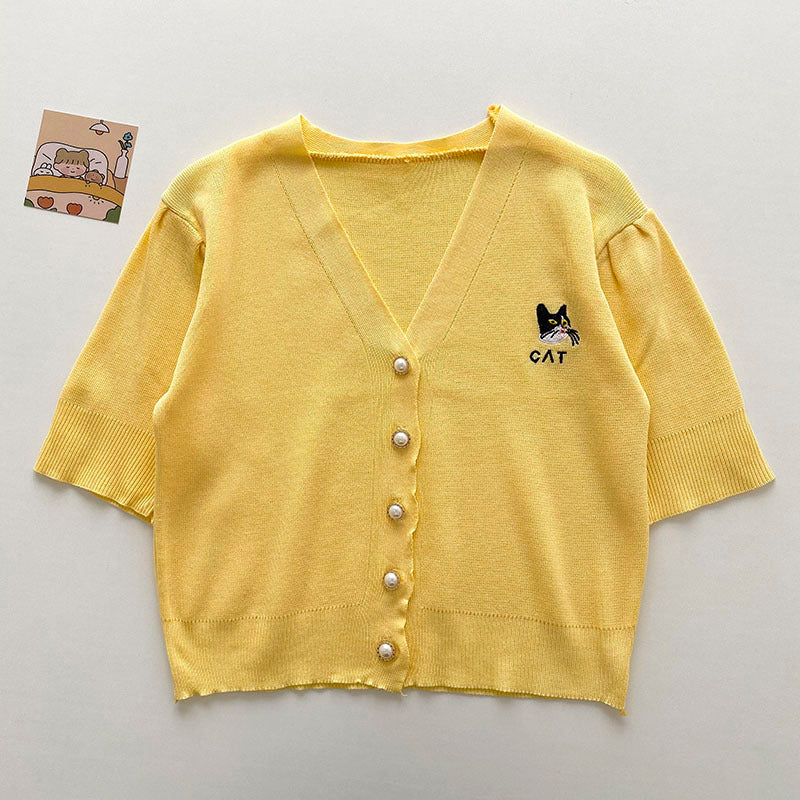 Korean Style Cat Embroidery Design Temperament V-neck Cardigan Top