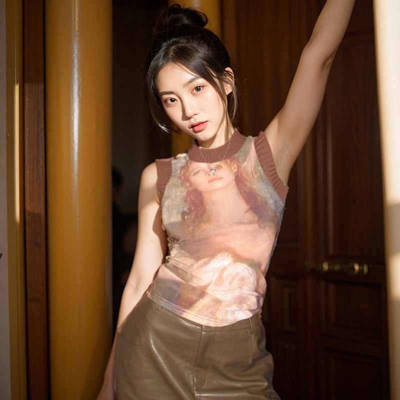 Trendy See-Through Graphic Print Sleeveless Top European And American Retro Printed Patchwork Round Neck Sleeveless Mesh Top
