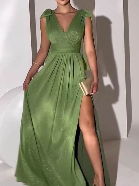 Elegant Sage Green Sleeveless Formal Gown with High Split Women's V-Neck Bow Slit Maxi Dress