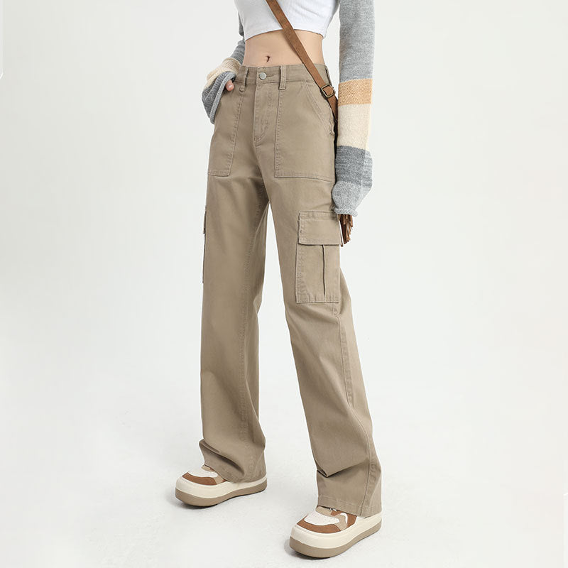 Beige Low-Waist Straight Cargo Pants – Streetwear Utility Trousers American Retro Hot Girl Design Sense Cargo Jeans Women