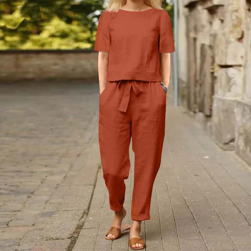 Cotton And Linen Wide-leg Pants Suit For Women's