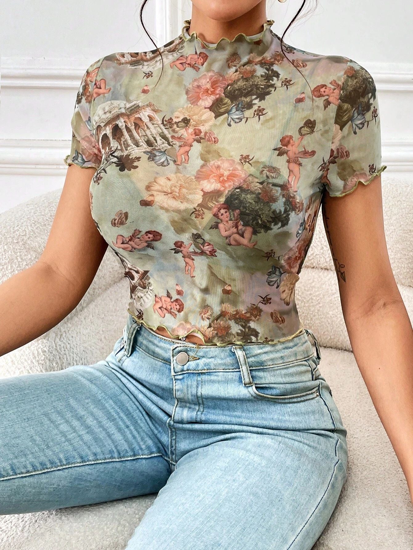 Elegant Mesh Floral Print Top Women's Clothing