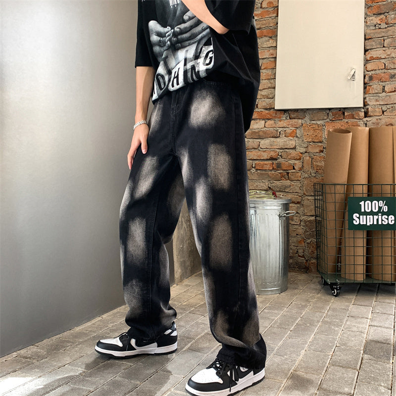 Bleach-Wash Street Style Jeans – Grunge Aesthetic with Urban Edge High Street Tie-dye Hip-hop Jeans For Men And Women Straight