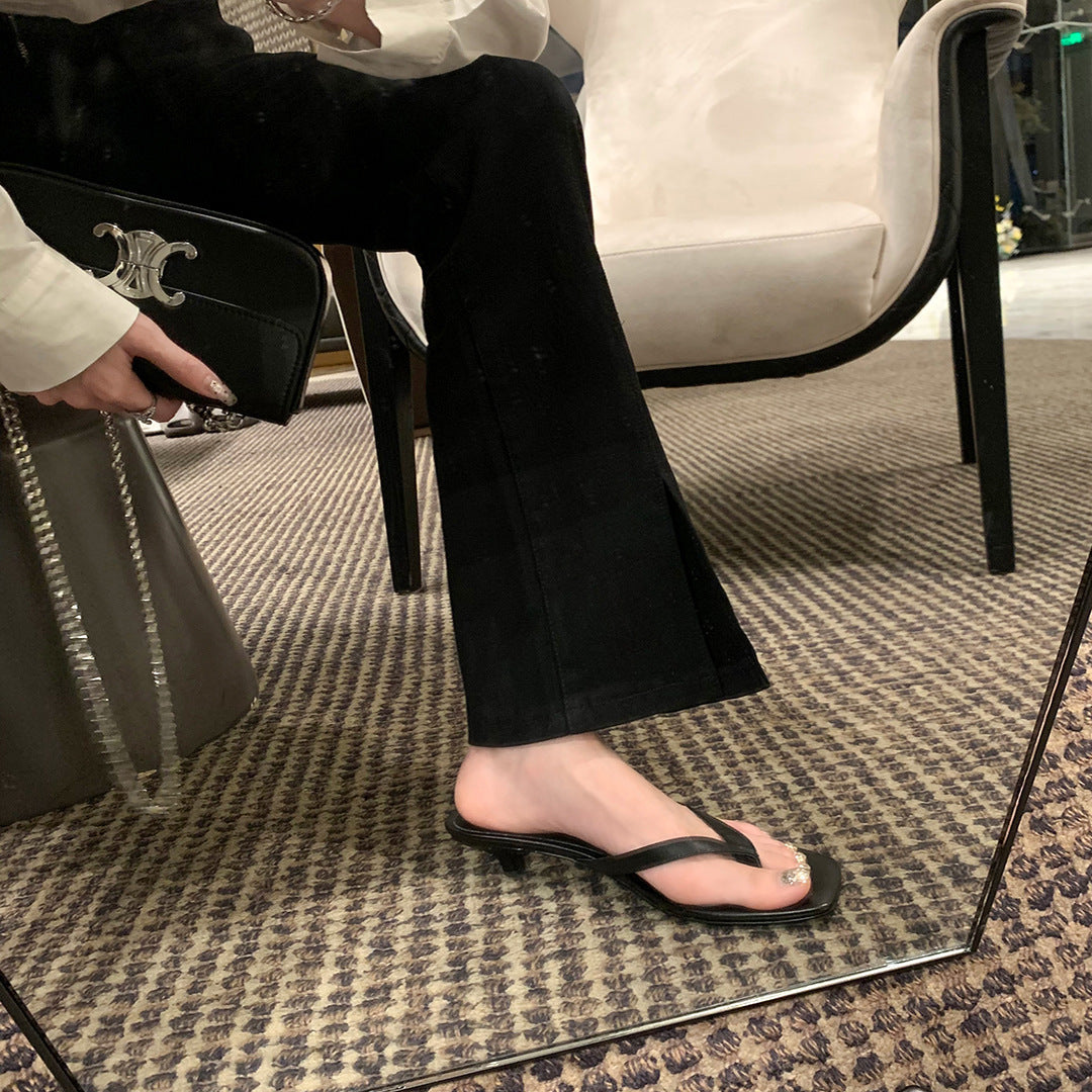 Elegant Square Toe Leather Flip-flops For Women's