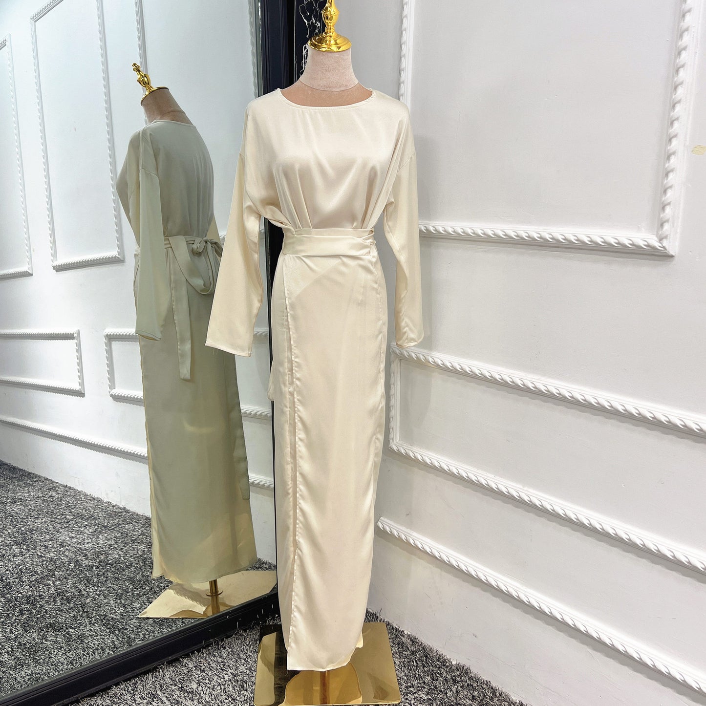 Elegant Long Sleeve Modest Maxi Dress | Sophisticated Full Length Gown Soft Waist Dress Satin Women