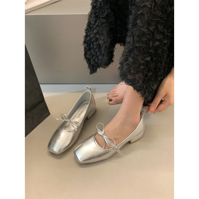 Silver Metallic Mary Jane Flats Women Simple Solid Color Square Toe Flat Shoes