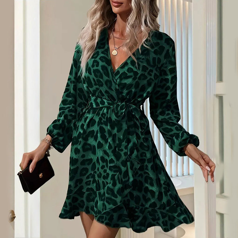 Leopard Print Ruffle Hem Long Sleeve V Neck Belted A Line Dress