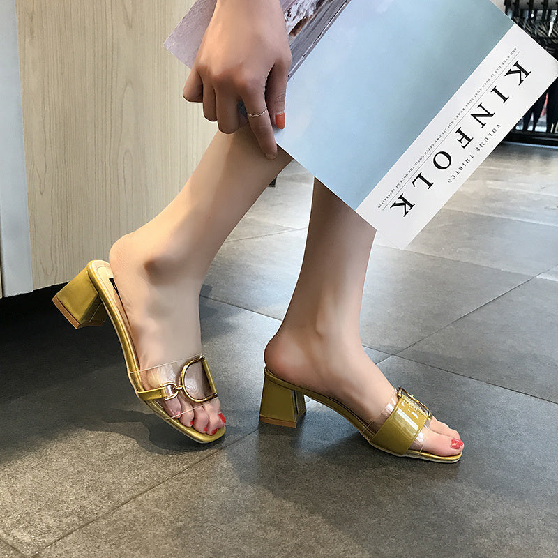 Gloss Buckle Block Heels – Polished & Poised Thick Heel High Heel Slippers Women Flip Flops Women Transparent Slippers