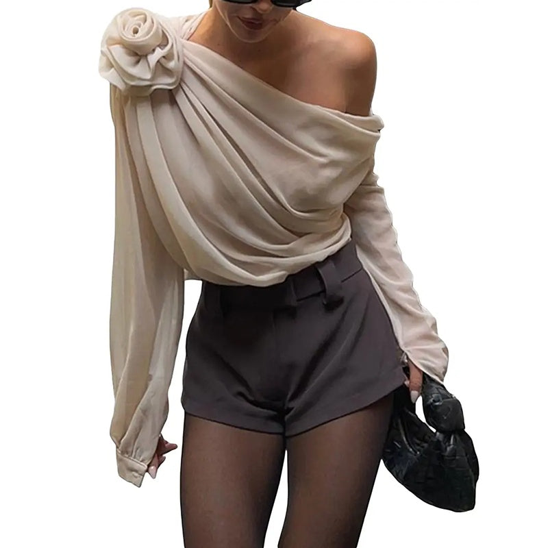 Off Shoulder Tops Elegant Long Sleeve Asymmetrical Neck Ruched Chiffon Blouse Shirts Going Out Top Y2k Shirts